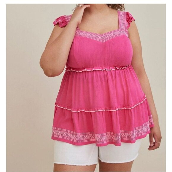 Torrid Babydoll Crinkle Gauze Womens 1x Hot Pink  Boho Embroidered top - Picture 1 of 10